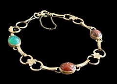 VTG 10K GF Egyptian Revival Agate Scarab Bracelet~Flower Links~1950s