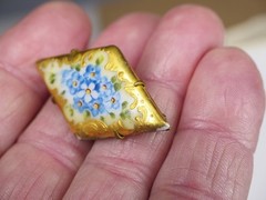 Antique hand painted porcelain brooch jewelry pin lot blue flower C clasp 2 1/4″