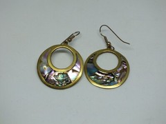 Beautiful French wire Pierced Earrings Gold Tone Abalone Inset 1 1/4″ NICE