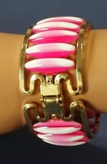 Vintage Hinged Pink & White Stripe Peppermint Lucite & Metal Clamper BRACELET