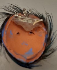 3 Brooches: Tribal Peacock Feather Clay Mask, RITZ Pewter Face, Bar W/ Charms