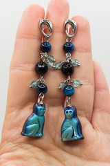 2.9″ Long Black Blue Agate Fluorite Cat Dangle Earrings