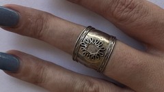 Sterling Silver Wide Cuff Ring Sunburst Cabochon Stone Statement Ring Vintage