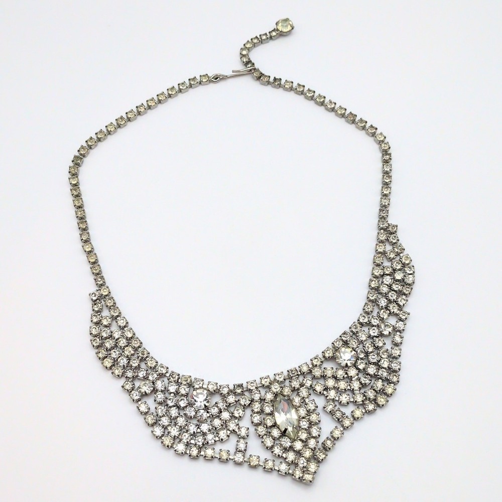 Vintage Crystal Glamorous Clear Rhinestone Collar Bib Necklace Adjustable
