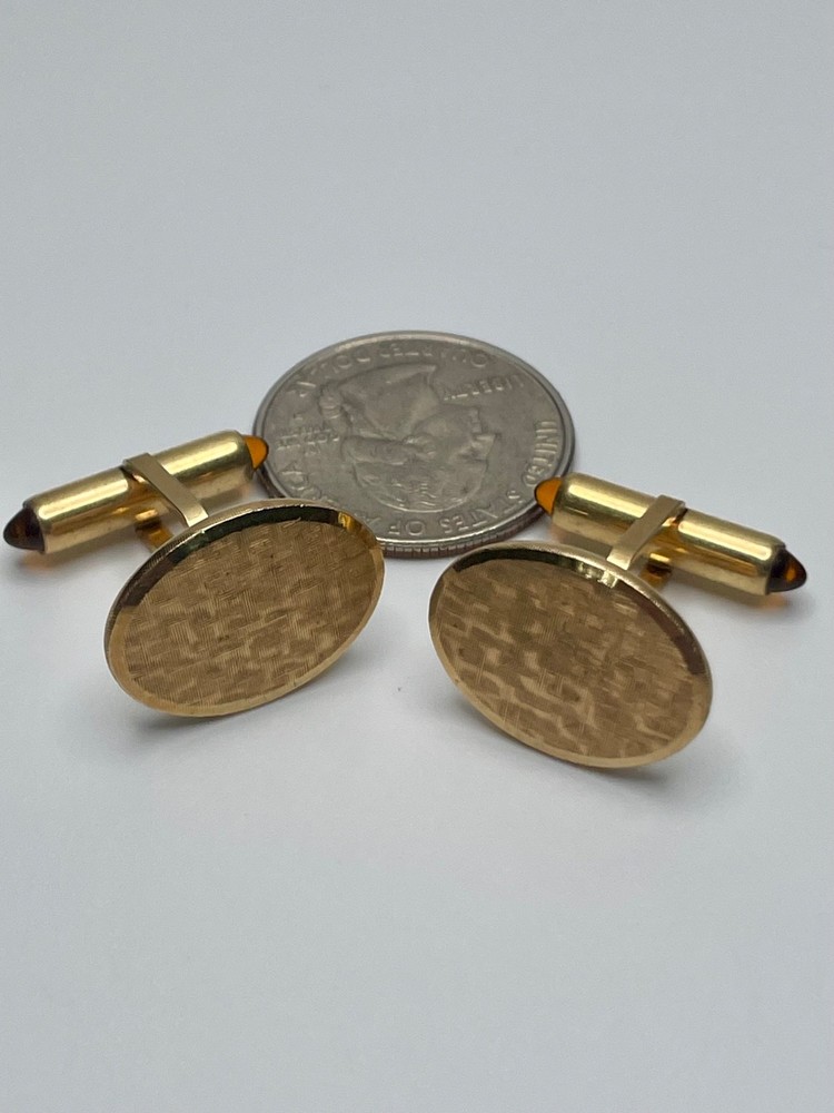 Vintage Krementz Oval 14K Gold Overlay Engine Turned Amber Glass MCM Cufflinks