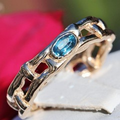 14k yellow gold ring 0.24c blue topaz solitaire sz 9.5 band handmade 5.80g N2640