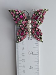 1970s Butterfly Pin Rhinestones of Pink and Green with Pearls