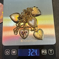 32g Vintage Estate 12k Gold Filled Charm NECKLACE + All GF Hearts Lockets Photos