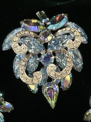 WEISS Blue Aurora Borealis Marquise Rhinestone Brooch Earrings Set Demi-Parure