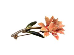 Vintage Flower Pin Brooch Soft Pink And Green Enamel Dimensional Metal Stemmed