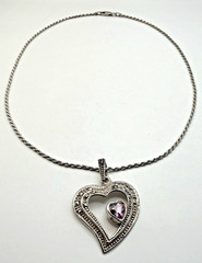 Sterling Silver Marcasite Double Heart Pink CZ Pendant and 16″ Rope Necklace