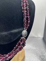 Vintage 3-Strand Garnet Chip Necklace 20” w/ Tribal Silver Beads – 92g Artisan S