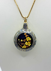 Vintage Cloisonne Pendant Necklace Double Sided Black Floral Gold Tone Enamel