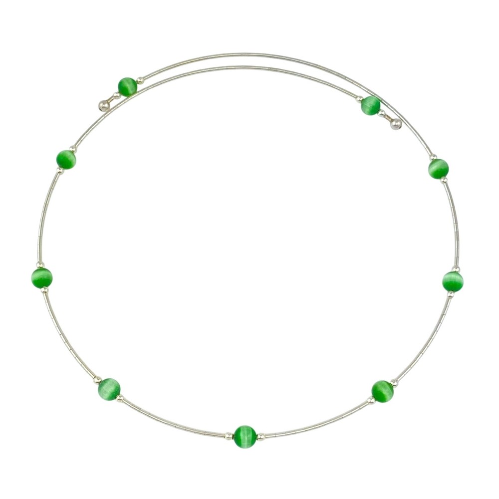 Green Cat’s Eye Tension Wire Necklace | Vintage Sterling Silver | 16″