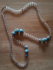 Vintage Jewelry Venetian Murano Blue Wedding Cake & White Glass Beads Necklace