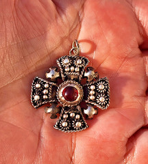 995 Silver Jerusalem Crusader Maltese Cross Pendant Ruby Red Cabochon Religious