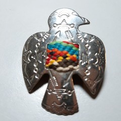 Vintage Thunderbird Pin – Silver‑Tone Metal with Woven Multicolor Inlay 1½ in