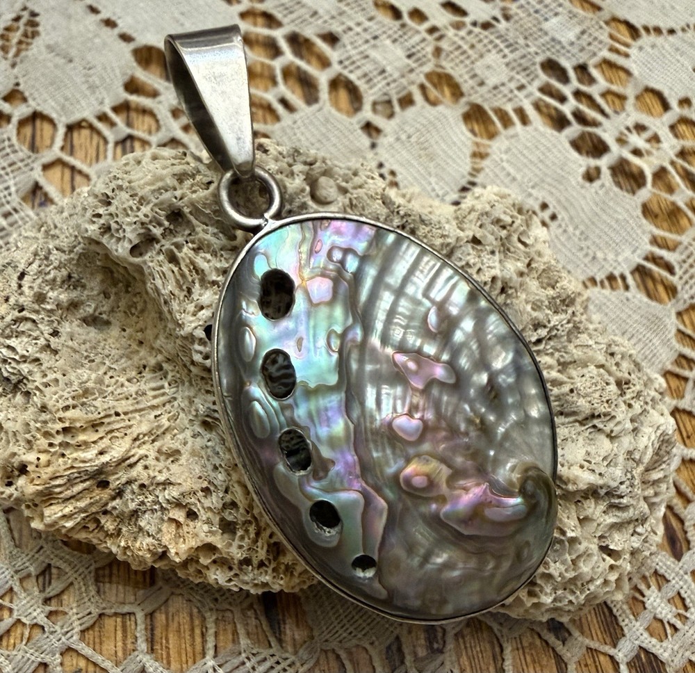 Vintage 950 Sterling Silver Abalone Shell Beach Sea life Pendant