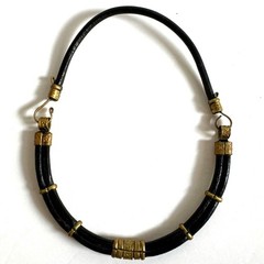Vintage Black Leather Brass Artisan Choker Necklace Tribal Boho Statement Collar