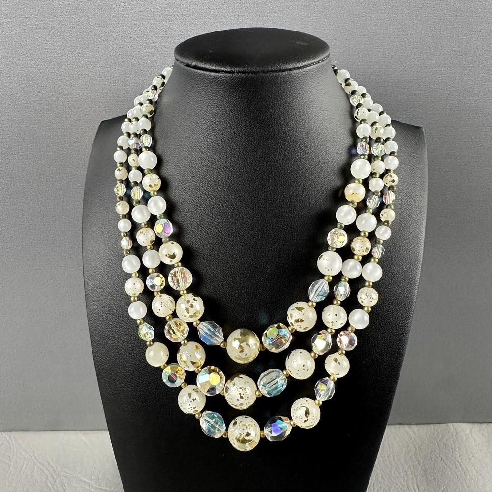 Vintage Beaded Necklace 3 Strand White Lucite AB Crystal Gold Fleck 15″