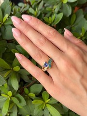 14k Tanzanite Opal Inlay Diamond Cocktail Ring Yellow Gold Natural Size 7 RG5195
