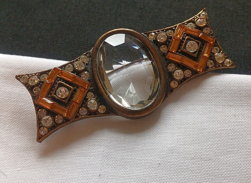 Vintage Art Deco Style Brooch Clear Oval Crystal & Orange Rhinestones Jewelry