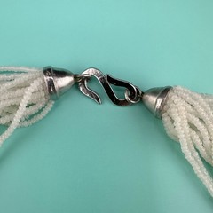 Vintage Seed Bead Opalite Necklace Multi Strand Large Oval Station Pendant 17″
