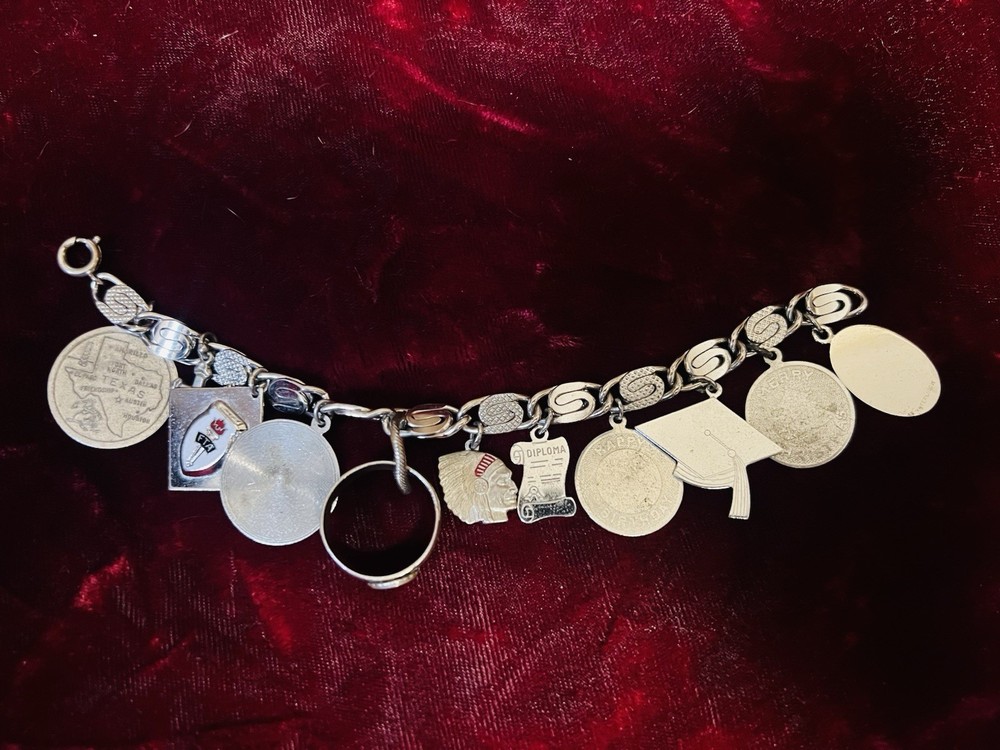 Vtg 7” Charm Bracelet With 11 Sterling Silver Charms 1960s Texas Graduate FTA