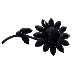 VTG MidCentury Black Rhinestone Flower Brooch Pin Open Back Japanned Daisy AS-IS