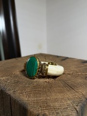 Antique Brass Buffalo Bone Cuff Bracelet Green Malachite Accent