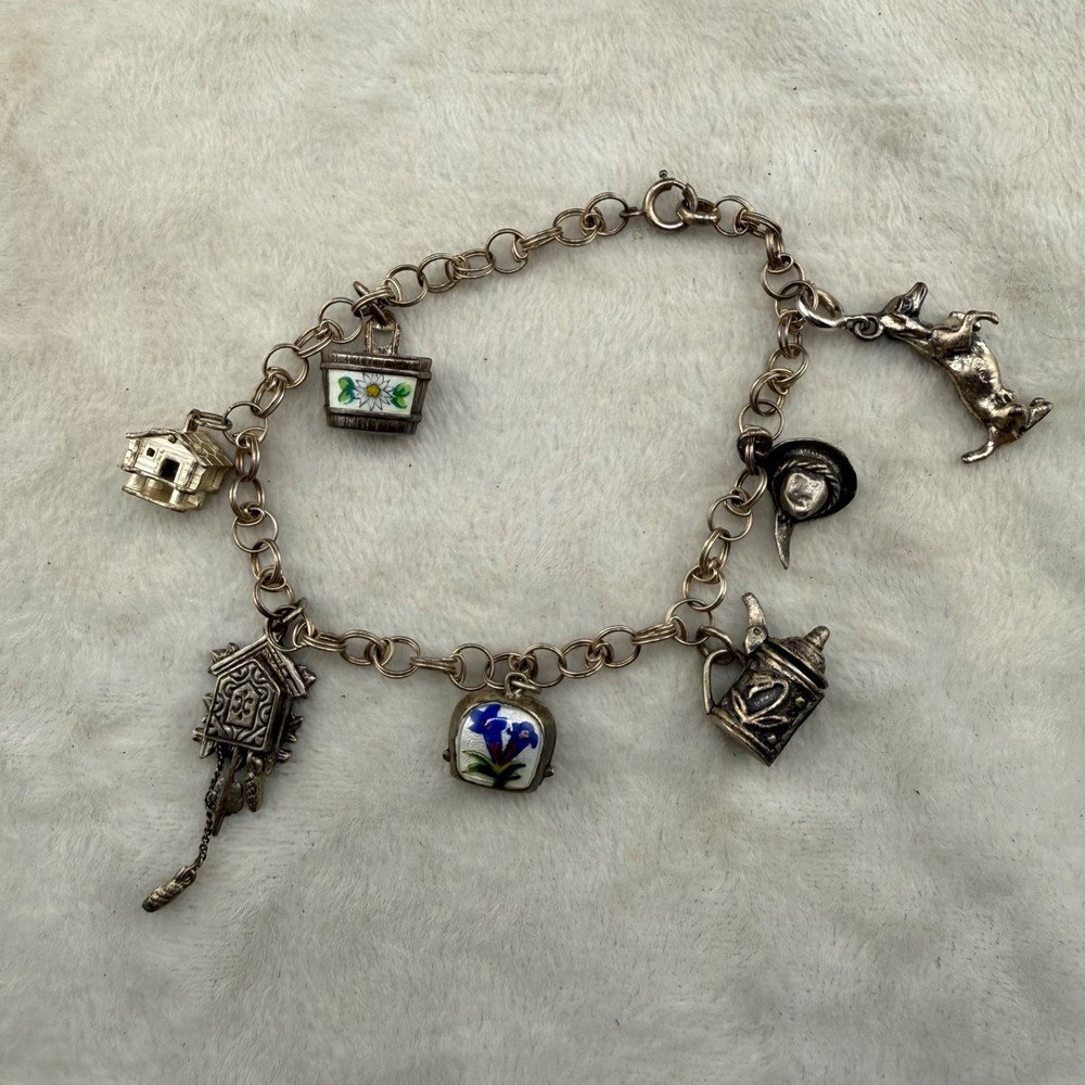 Vintage Signed 800 Silver Charm Bracelet Travel 8”