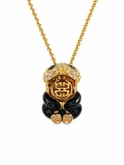 Vintage Panda Rhinestone Hinged Pendant Necklace Hidden Lucky Charm Gold Tone