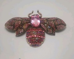 Large Pink Honey Bee Brooch Bling Statement Contemporary 4″ Flying Wing Span