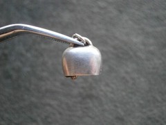 TINY Rose Flowers Cow Bell Vintage 800 Silver Guilloche Enamel Charm Pendant