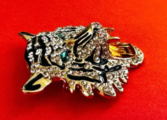 Gold Tone Black Enamel & Rhinestones Tiger Face Brooch Contemporary