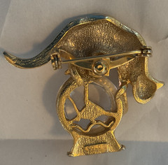 Vintage GOLD CROWN Brooch Cat and Fishbowl Acrylic Goldtone Orange Women’s Pin