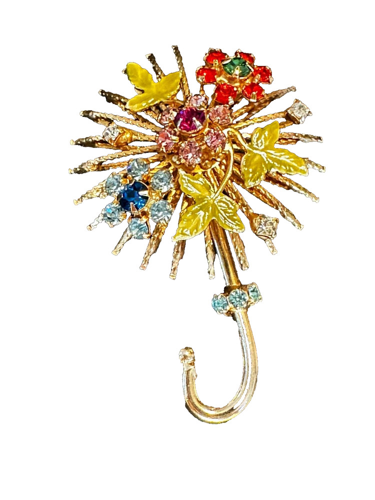 1960 Warner Crystal Flower Umbrella Broach, Enamel & 26 Prong set stones EC