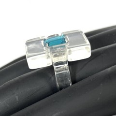 Modernist Lucite Ring Clear Blue Rhinestone Size 7.75-8 Chunky Post Modern