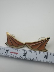 Vintage Trifari Enamel Pierced Post Earrings Gold Tone Art Deco Fan Peach Cream