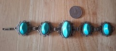 Vintage Jewelry Southwestern Faux Turquoise Silver Tone Filigree Panel Bracelet
