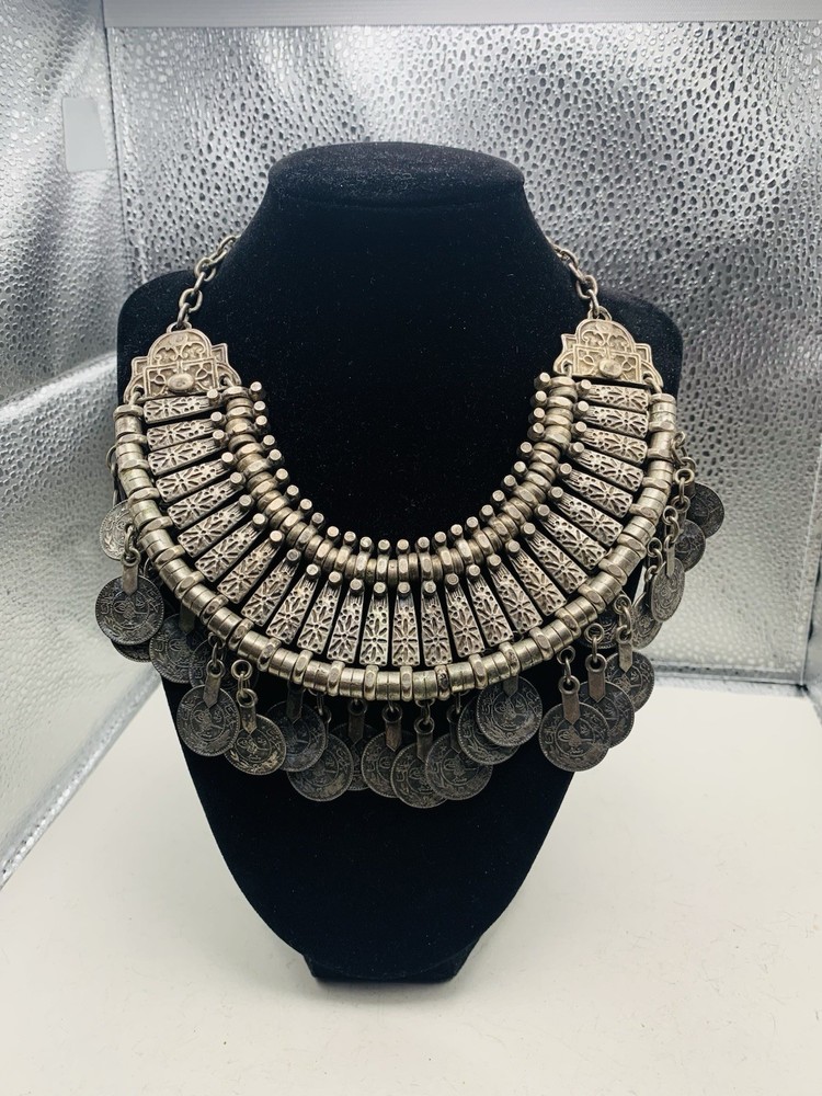 Vintage Silver Tone Boho Ethnic Tribal Coin Coachella Fringe Statement Necklace