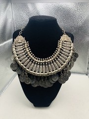 Vintage Silver Tone Boho Ethnic Tribal Coin Coachella Fringe Statement Necklace