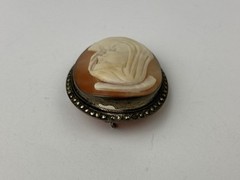 Antique Madonna Cameo Pendant Brooch 900 Silver Marcasite Shell Portrait Signed