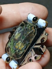 Craft Show Wear Art Brooch Flowers Encased In Lucite Black Rhinestone Copper Pin