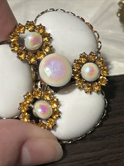 Vintage Milk Glass Opaline Cabs Topaz Large Silver Tone Brooch Pin