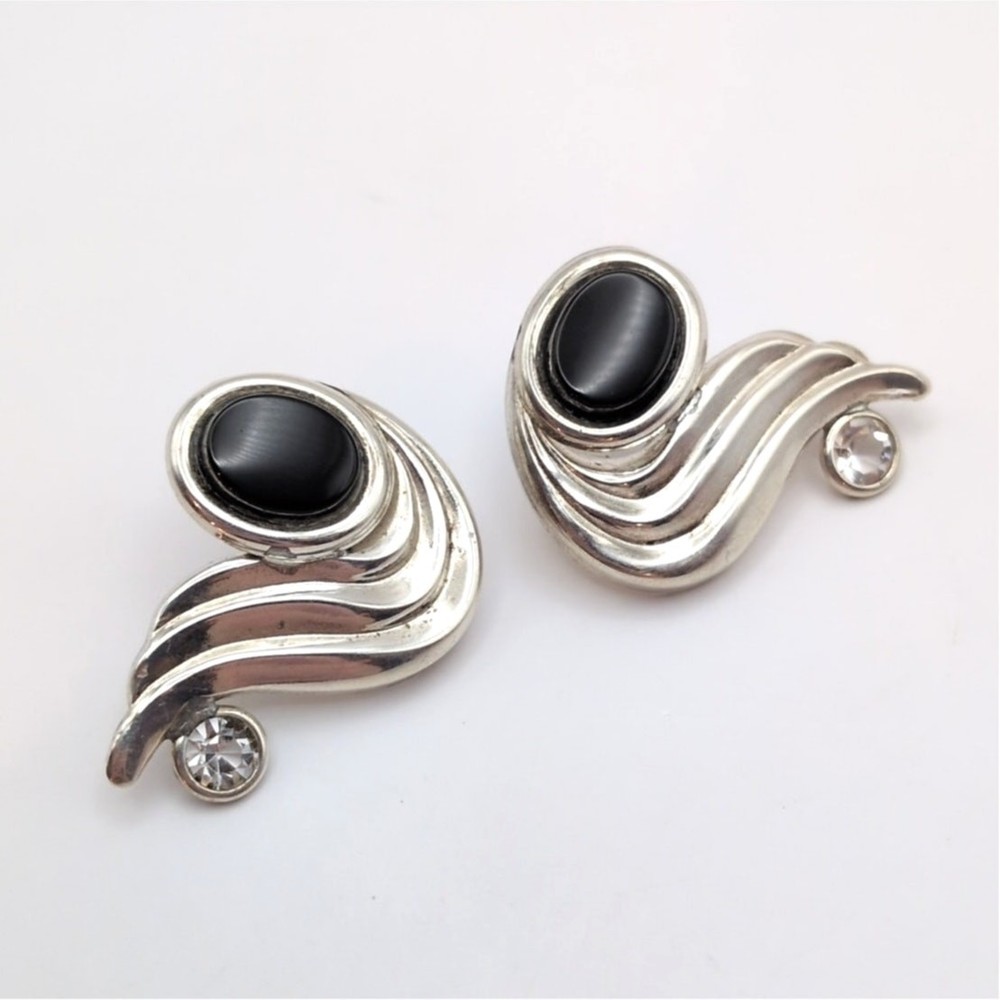 VTG Sterling Silver 925 CZ Oval Onyx Wavy Scalloped Pierced Earrings 1.1in 4.85g