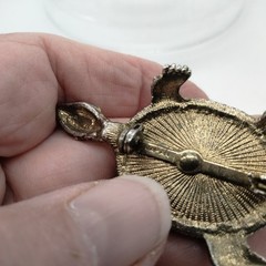 Vintage Japan Glass Cabochon & Brass Large Turtle Brooch with Rhinestone Eyes