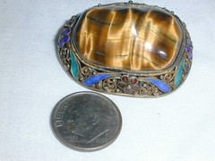STUNNING~ IRIDESCENT TIGER’S EYE GILT SET SILVER ENAMEL CHINESE EXPORT BROOCH!