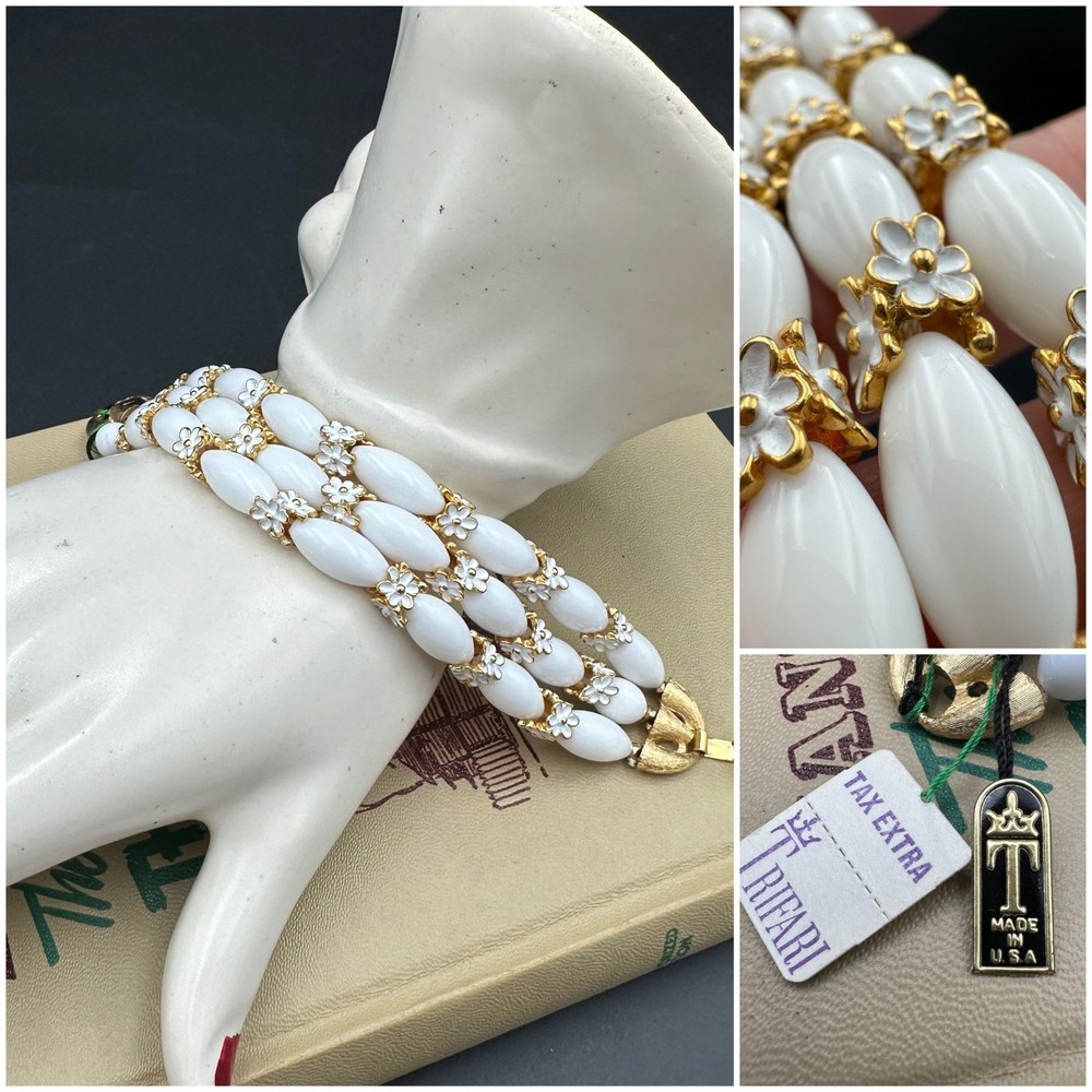 NWT VTG 1950s-1960s CROWN TRIFARI White Lucite Enamel Fleurette Bracelet Jewelry