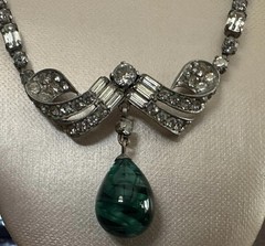 Vintage Schoffel 16″ Rhinestone & Faux Cabochon Emerald Green Necklace 1930s